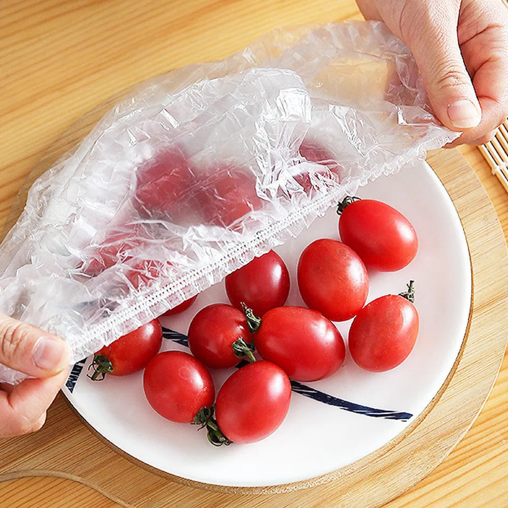 10/20/30/40/50/100 pcs Disposable Plastic Bag Food Cover Wrap Elastic Food Bags Lids For Fruit Bowls Cup Cap Storage Kitchen organizer Fresh Keeping Saver Bag