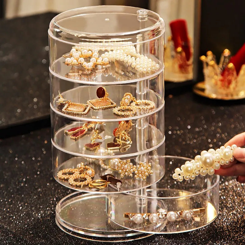 Acrylic Rotating Jewelry Organizer with Lid Transparent | Ear Rings & Necklace_Bracelets Holder | Rotating Makeup Organizer